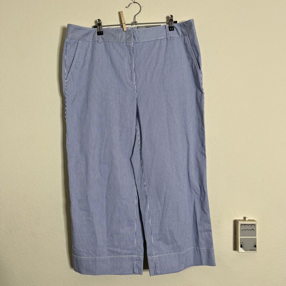 Talbots Pants SZ 14 Cotton Pinstripe Wide Leg Stretch Crop Pockets Preppy Beachy